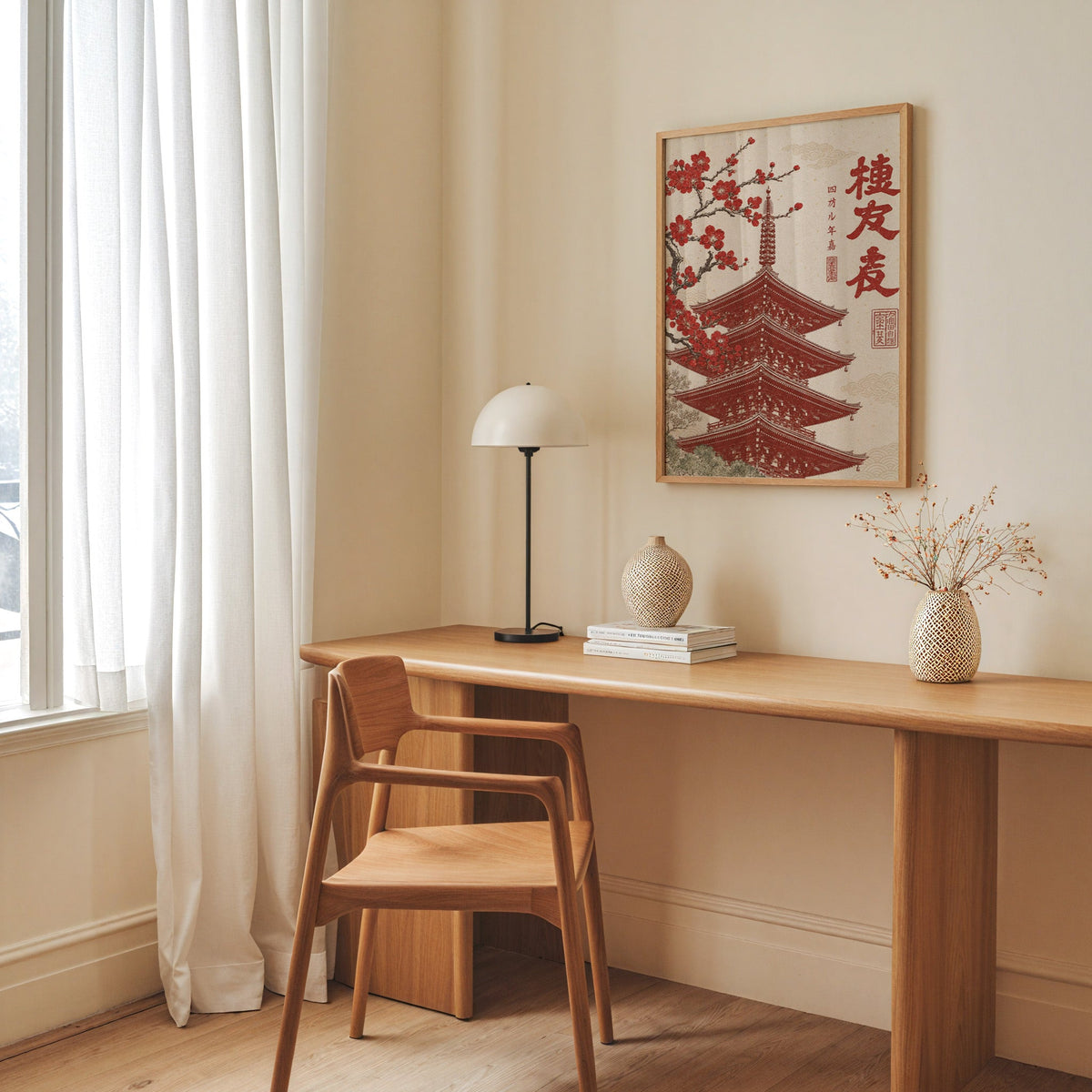 red engraved pagoda with blossom branch print in an oak frame above a long oak desk with a white dome lamp and woven vases