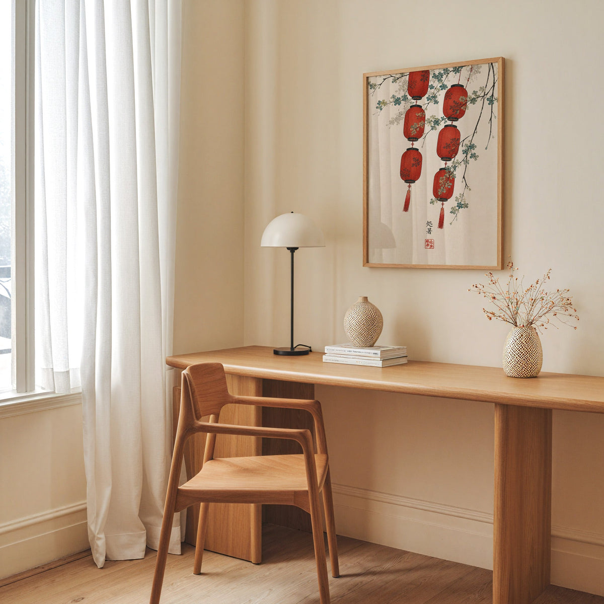 red paper lanterns with blossom branch print in an oak frame above a long oak desk with a white dome lamp and woven vases