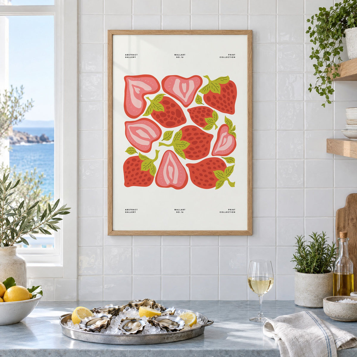 Red and pink strawberry halves pattern print in an oak frame on white tiles above a marble counter with oysters and lemons by a sea view