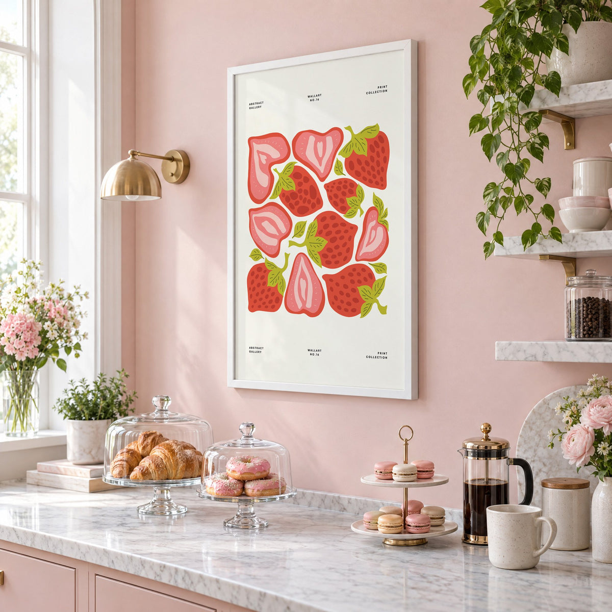 Red and pink strawberry halves pattern print in a white frame on a blush pink wall above a patisserie counter with croissants and macarons, seen at an angle