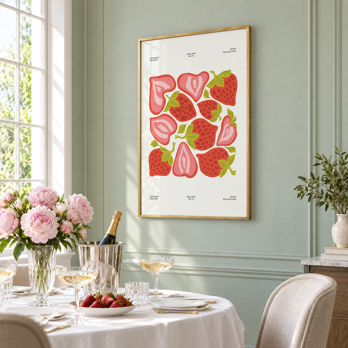 Red and pink strawberry halves pattern print in a brass frame on a sage wall above a brunch table with champagne and peonies, seen at an angle