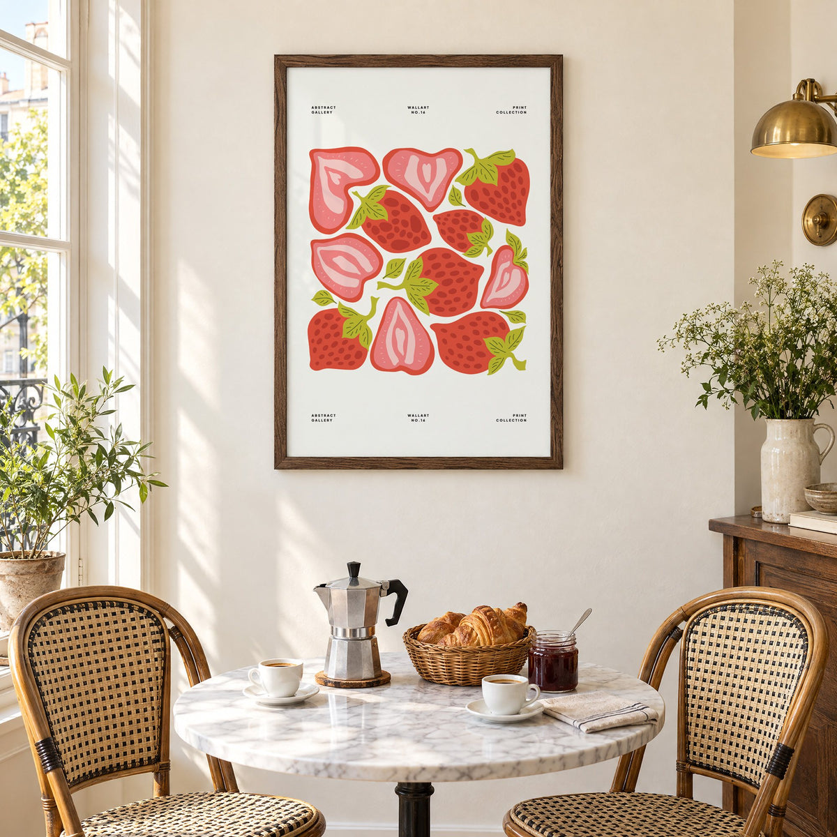 Red and pink strawberry halves pattern print in a walnut frame above a marble bistro table with croissants and rattan chairs
