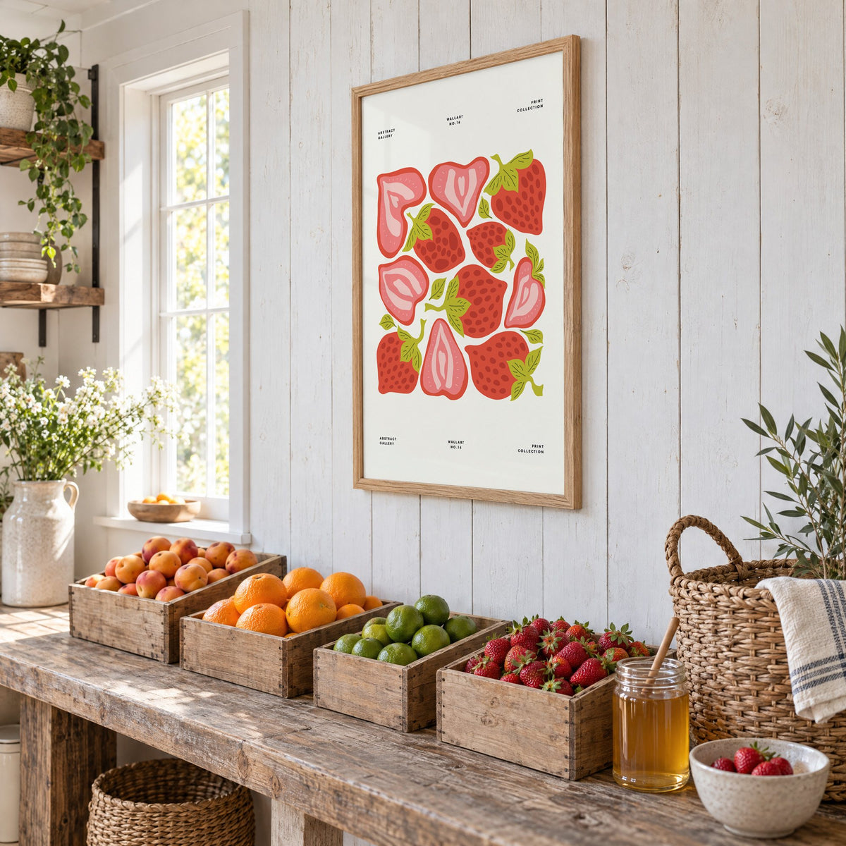 Red and pink strawberry halves pattern print in an oak frame on white plank walls above wooden crates of fresh fruit, seen at an angle