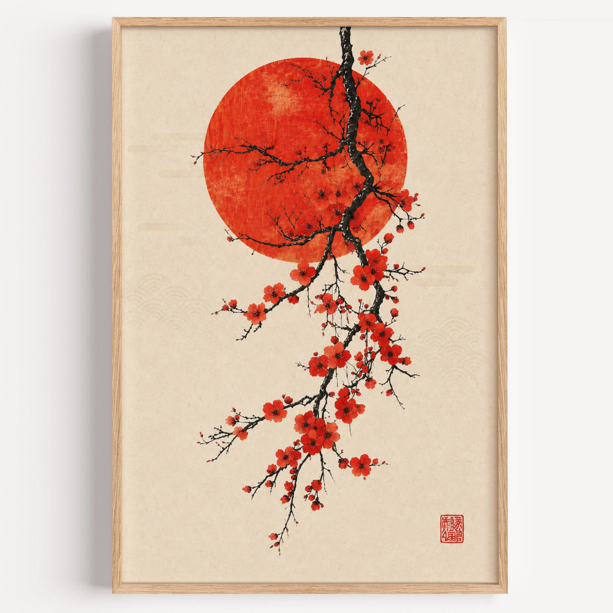 red blossom ink branch with red sun print in a light oak frame on a plain white wall