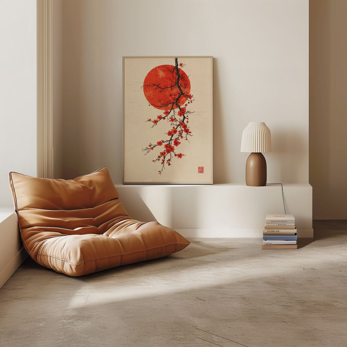red blossom ink branch with red sun print in a light oak frame on a white ledge by a tan leather floor chair