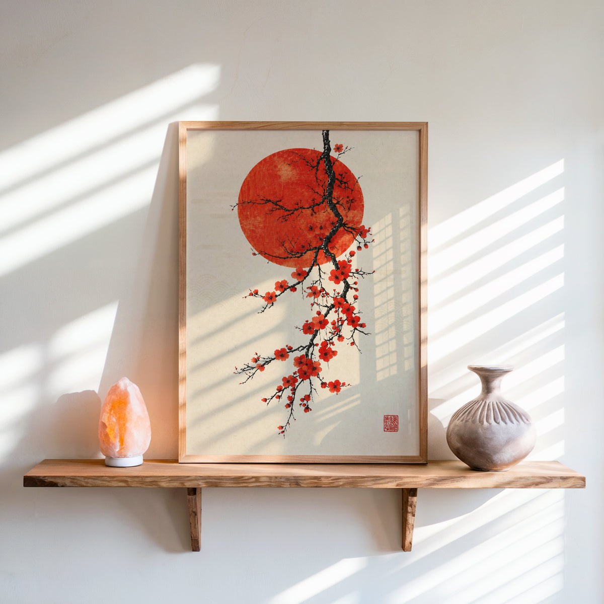 red blossom ink branch with red sun print in an oak frame on a live-edge wall shelf with a salt lamp and clay vase