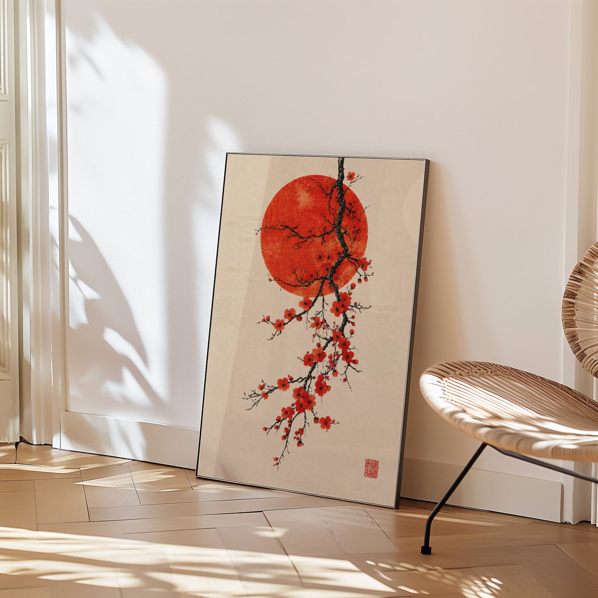 red blossom ink branch with red sun print in a black frame leaning on a herringbone floor beside a woven rattan chair