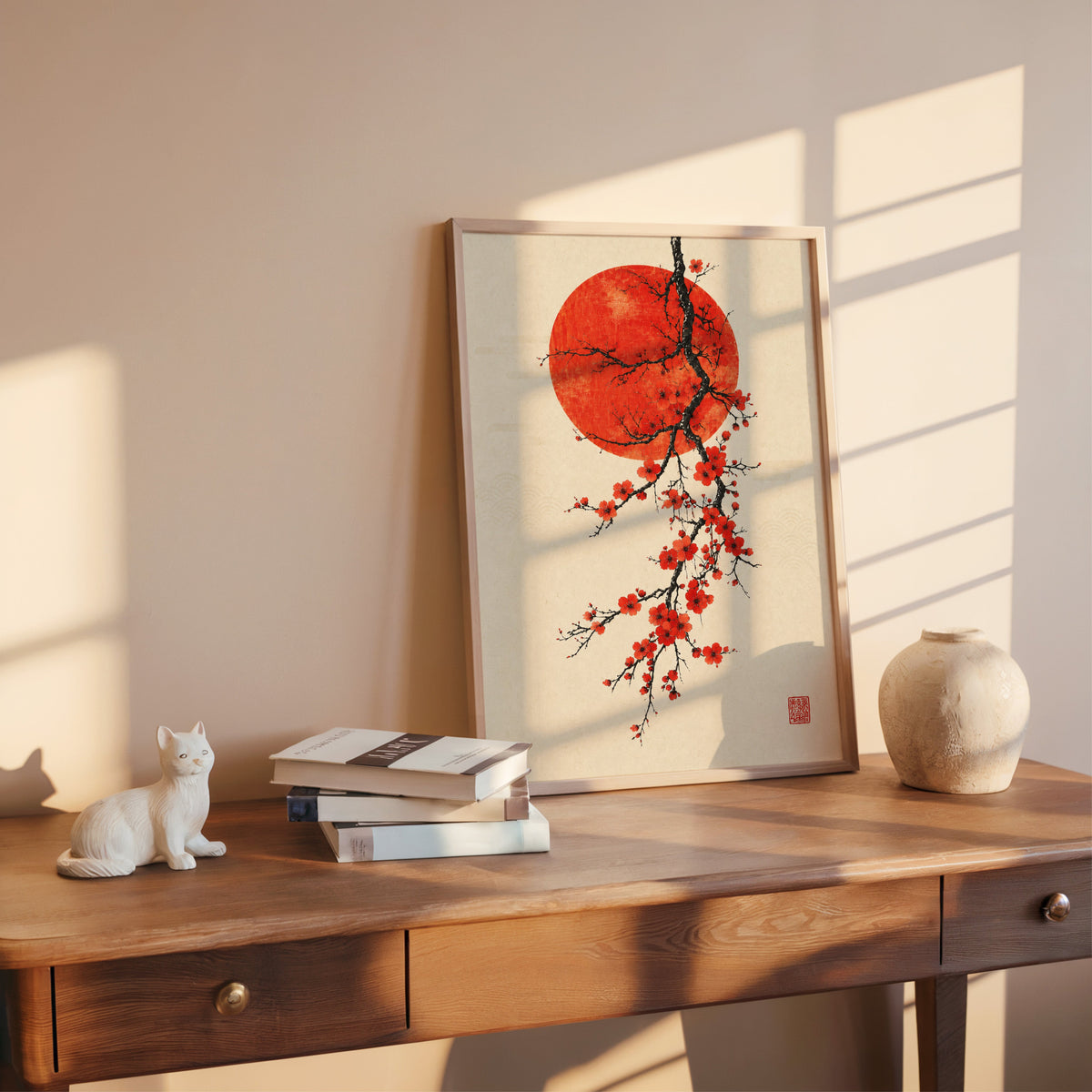 red blossom ink branch with red sun print shown in a rose gold frame leaning on a wooden writing desk with books