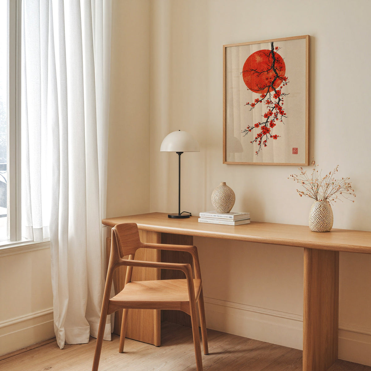 red blossom ink branch with red sun print in an oak frame above a long oak desk with a white dome lamp and woven vases