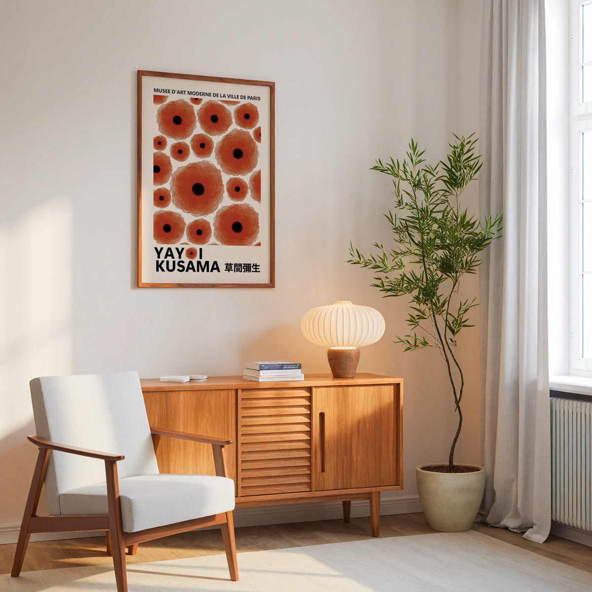Yayoi Kusama inspired red poppy dot print above a mid-century sideboard