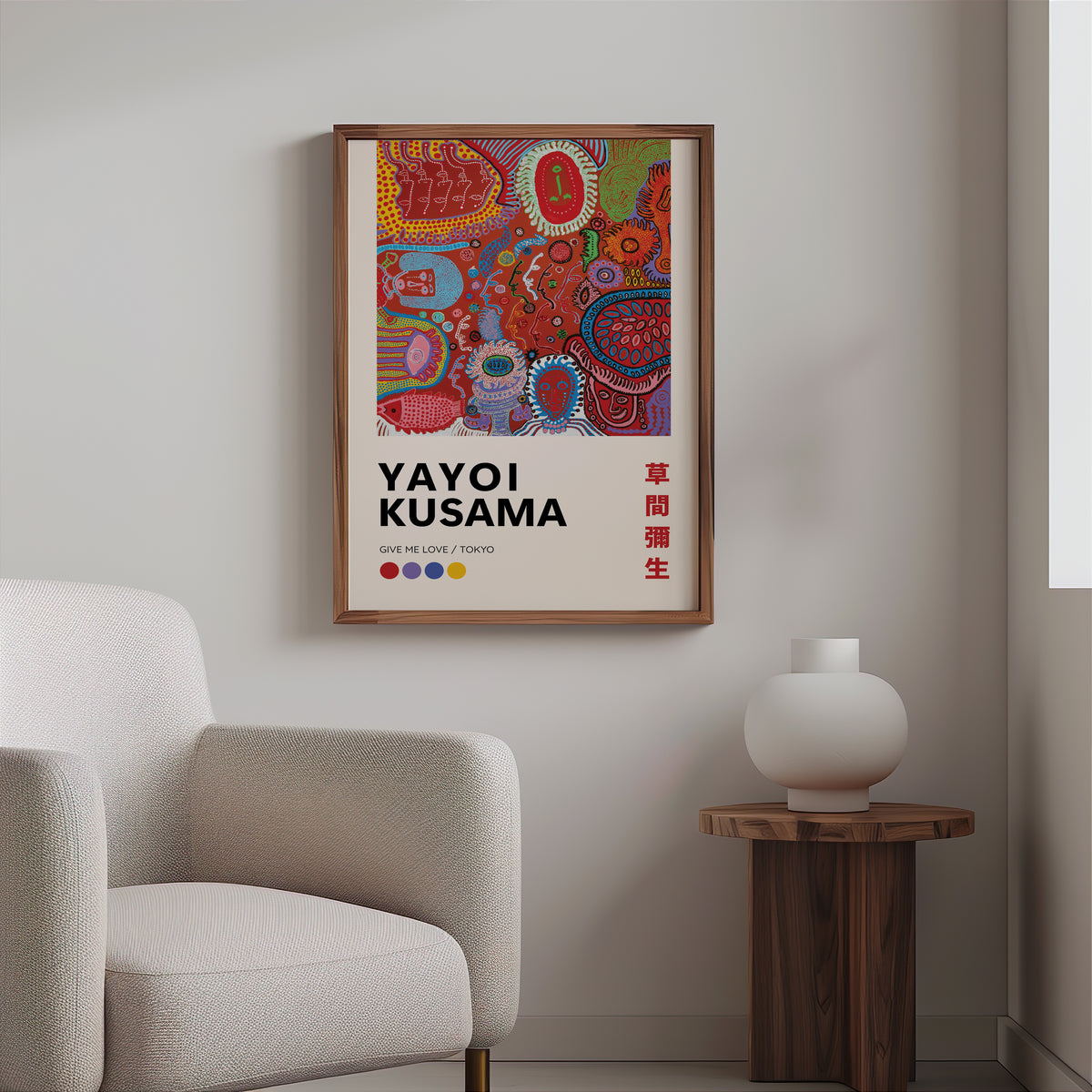 Yayoi Kusama inspired red psychedelic faces print above a cream boucle armchair