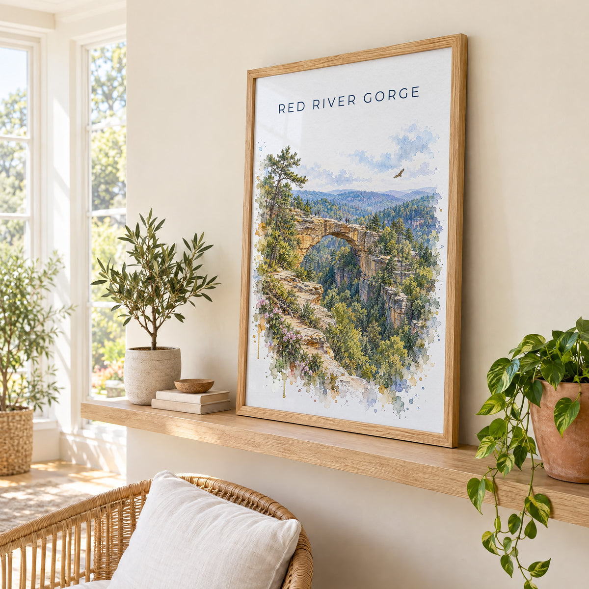 Red River Gorge watercolor print in an oak frame on a picture ledge in a sunlit sunroom