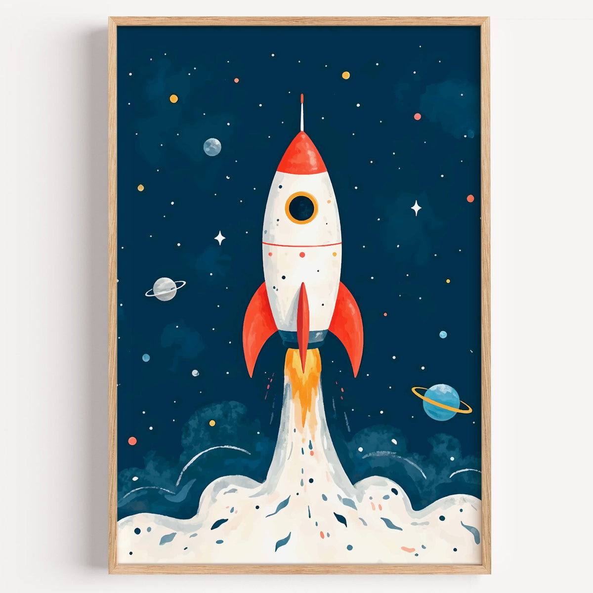 Red rocket launching past planets nursery print in a light oak frame on a plain white wall