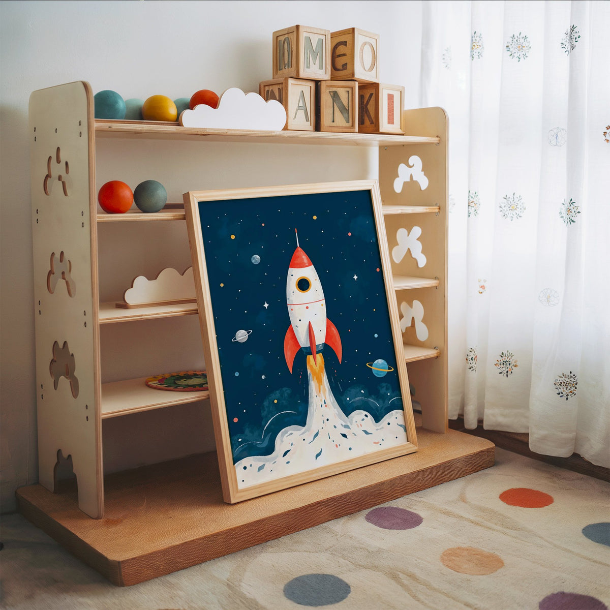 Red rocket launching past planets nursery print in an oak frame leaning on a toy shelf with wooden letter blocks