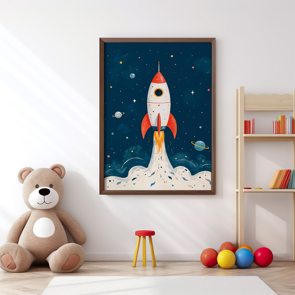 Red rocket launching past planets nursery print in a walnut frame above a big teddy bear by a bookshelf