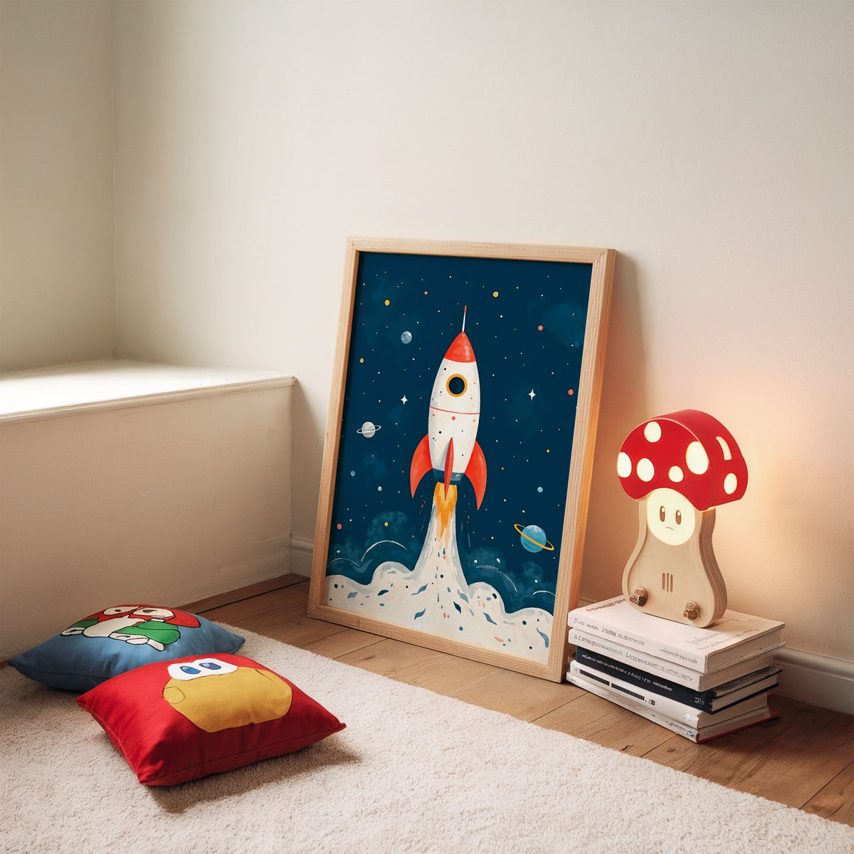 Red rocket launching past planets nursery print in an oak frame leaning on a rug beside a mushroom lamp and floor cushions