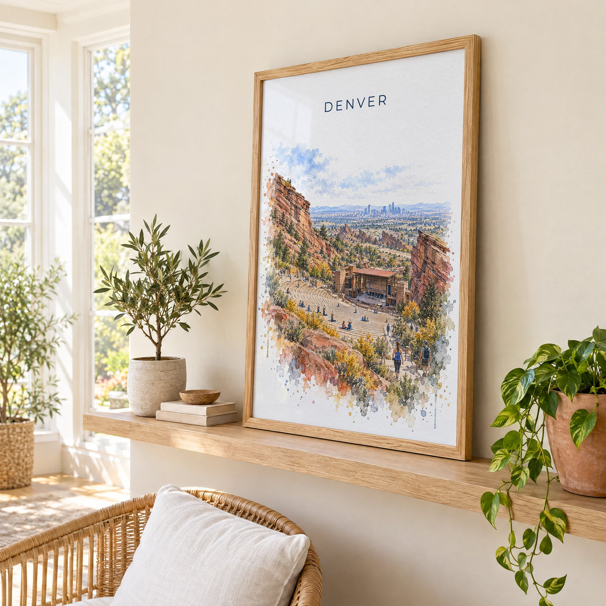Red Rocks Amphitheatre watercolor print in an oak frame on a picture ledge in a sunlit sunroom