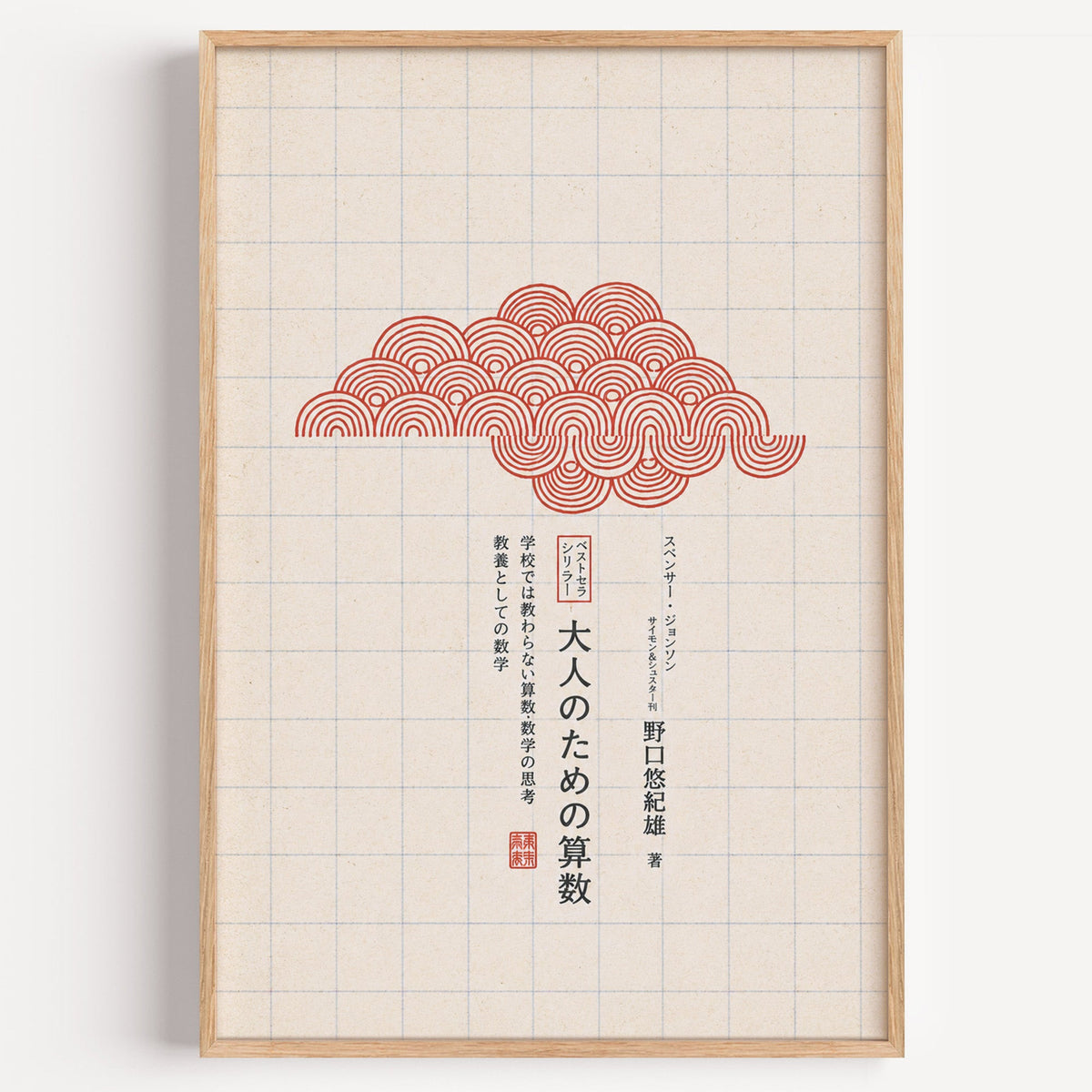 red seigaiha cloud on grid paper print in a light oak frame on a plain white wall