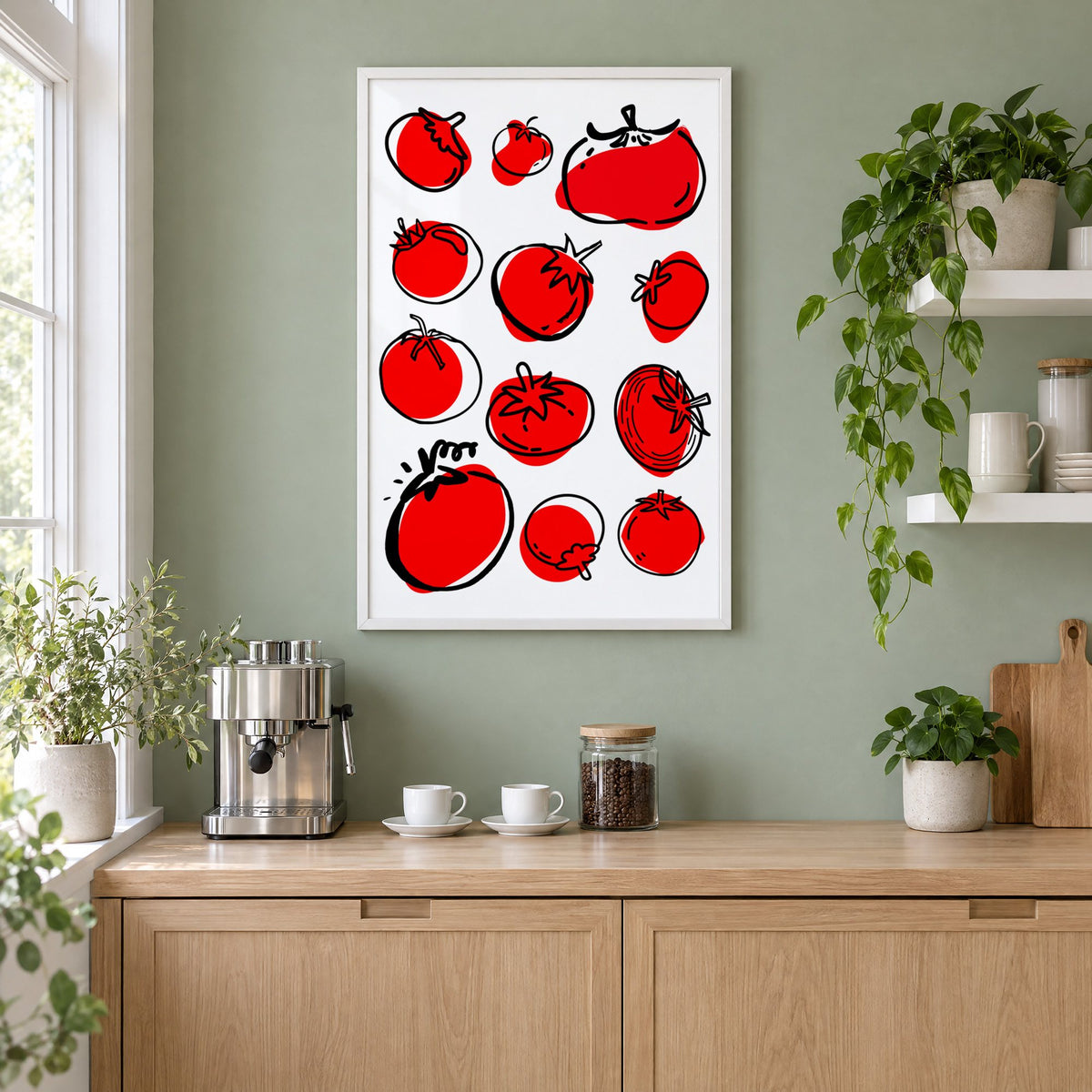 Red tomatoes ink sketch print in a white frame on a sage green coffee nook wall above an espresso machine