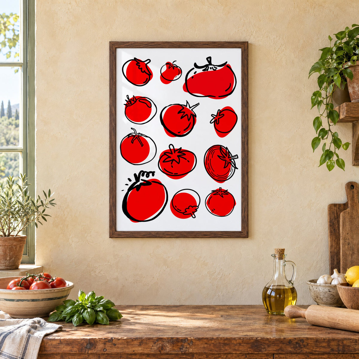 Red tomatoes ink sketch print in a walnut frame above a rustic Italian kitchen table with tomatoes