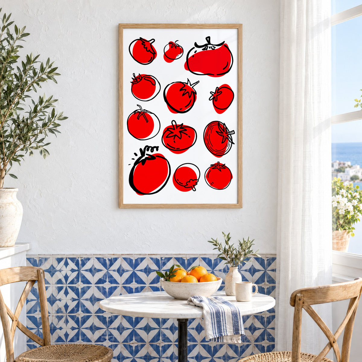 Red tomatoes ink sketch print in an oak frame above a bistro table and blue patterned tiles