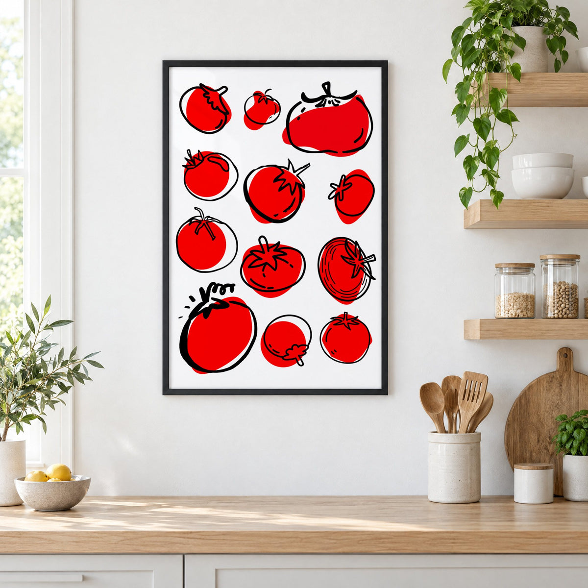 Red tomatoes ink sketch print in a black frame in a white kitchen beside open wood shelves and glass jars