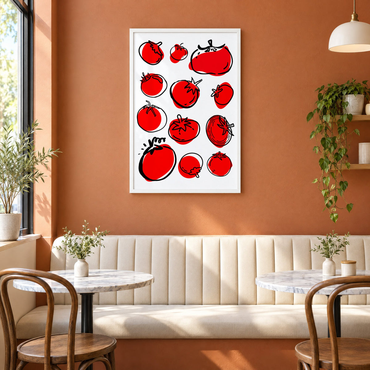 Red tomatoes ink sketch print in a white frame above a cream banquette on a terracotta cafe wall