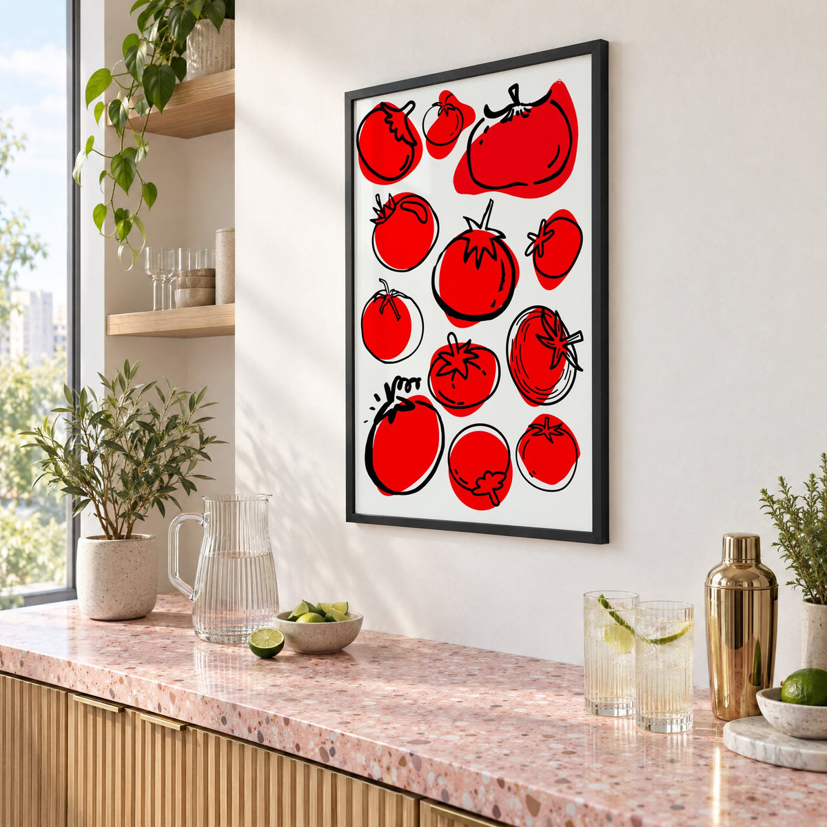Red tomatoes offset line pattern print in a black frame above a pink terrazzo cocktail counter with limes, seen at an angle