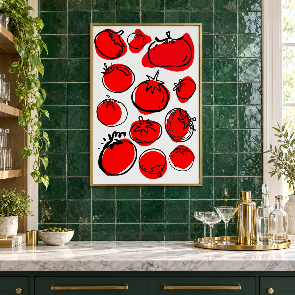 Red tomatoes offset line pattern print in a brass frame on emerald green tiles above a home bar with coupe glasses