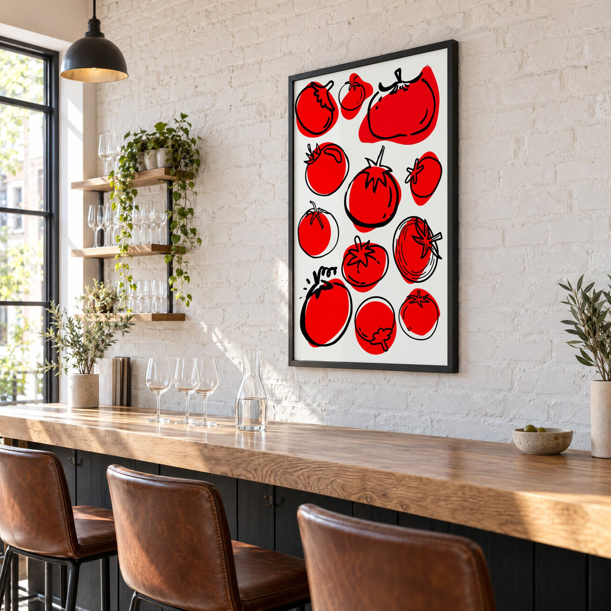 Red tomatoes offset line pattern print in a black frame on a white brick wall above a wine bar counter
