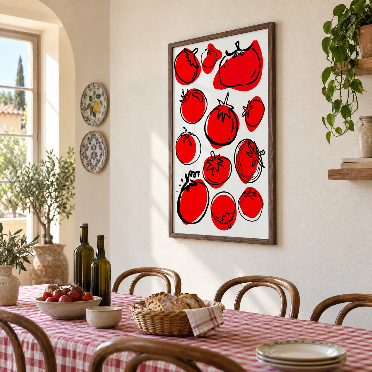 Red tomatoes offset line pattern print in a walnut frame above a gingham-covered trattoria table, seen at an angle