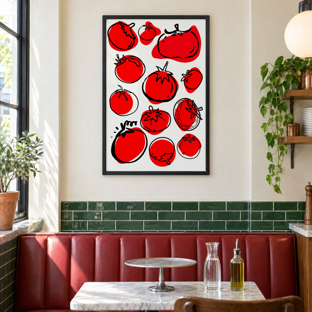 Red tomatoes offset line pattern print in a black frame above a red leather booth in a sunny pizzeria