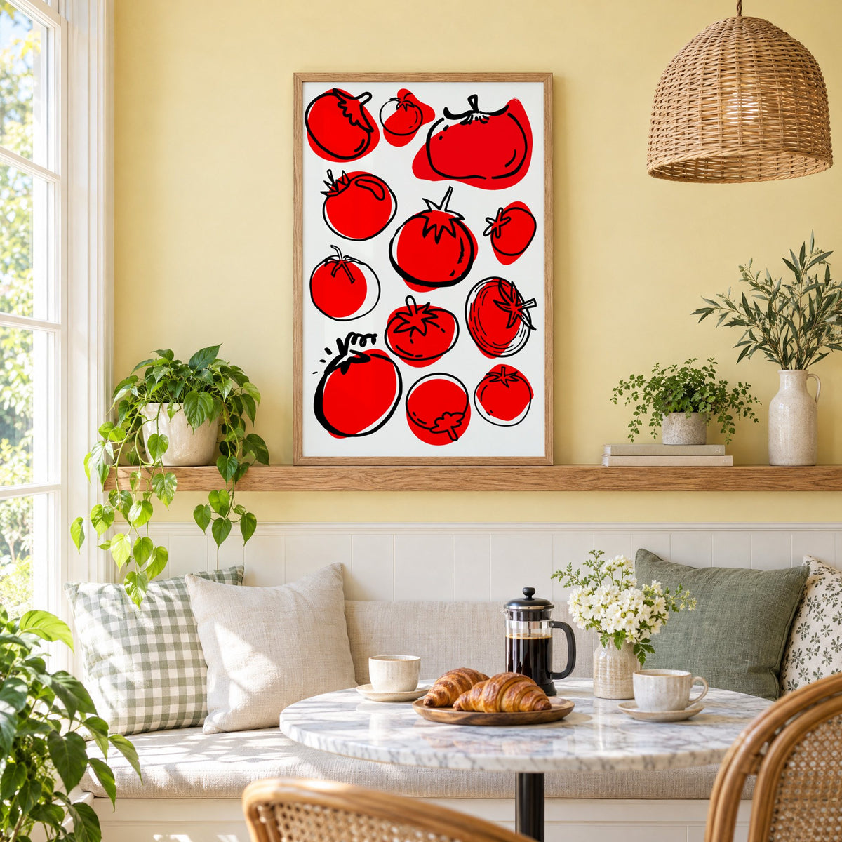 Red tomatoes offset line pattern print in an oak frame on a picture ledge above a sunny breakfast nook