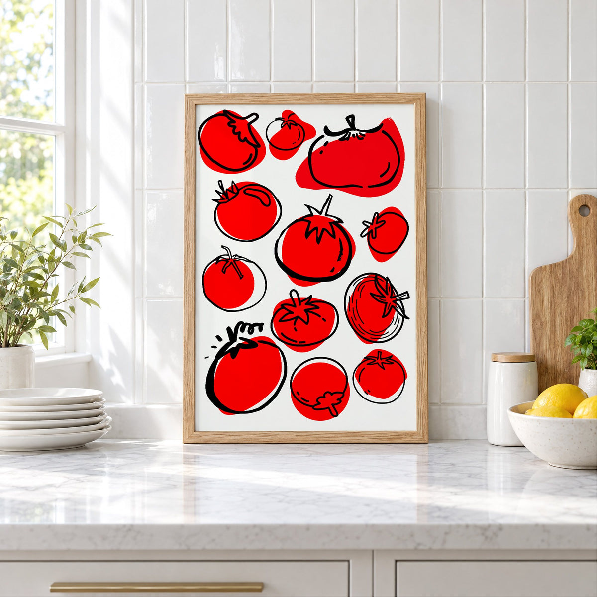 Red tomatoes offset line pattern print in an oak frame leaning on a marble counter by white tiles and lemons