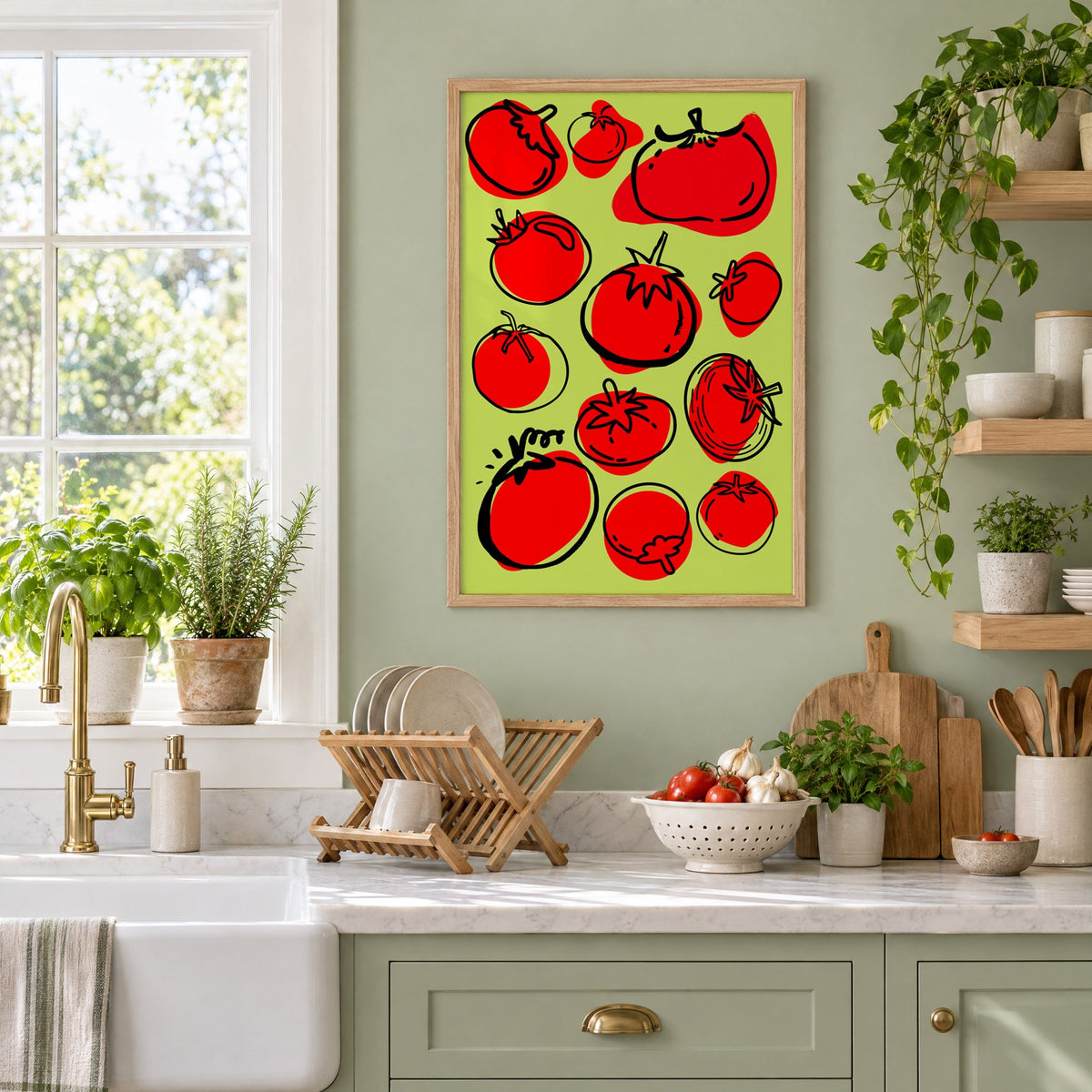 Red tomatoes on lime green print in an oak frame on a sage green kitchen wall beside a farmhouse sink and herbs