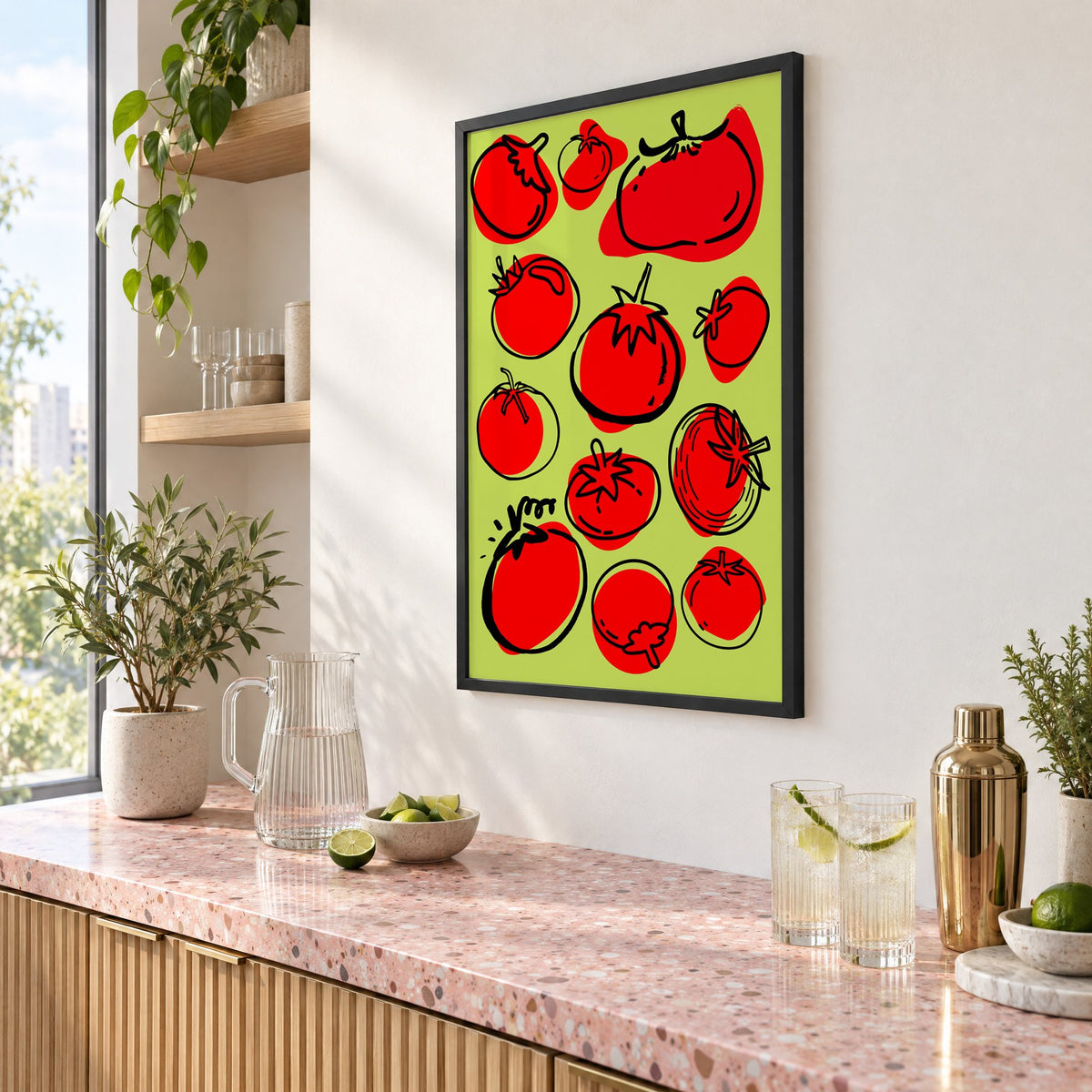 Red tomatoes on lime green print in a black frame above a pink terrazzo cocktail counter with limes, seen at an angle