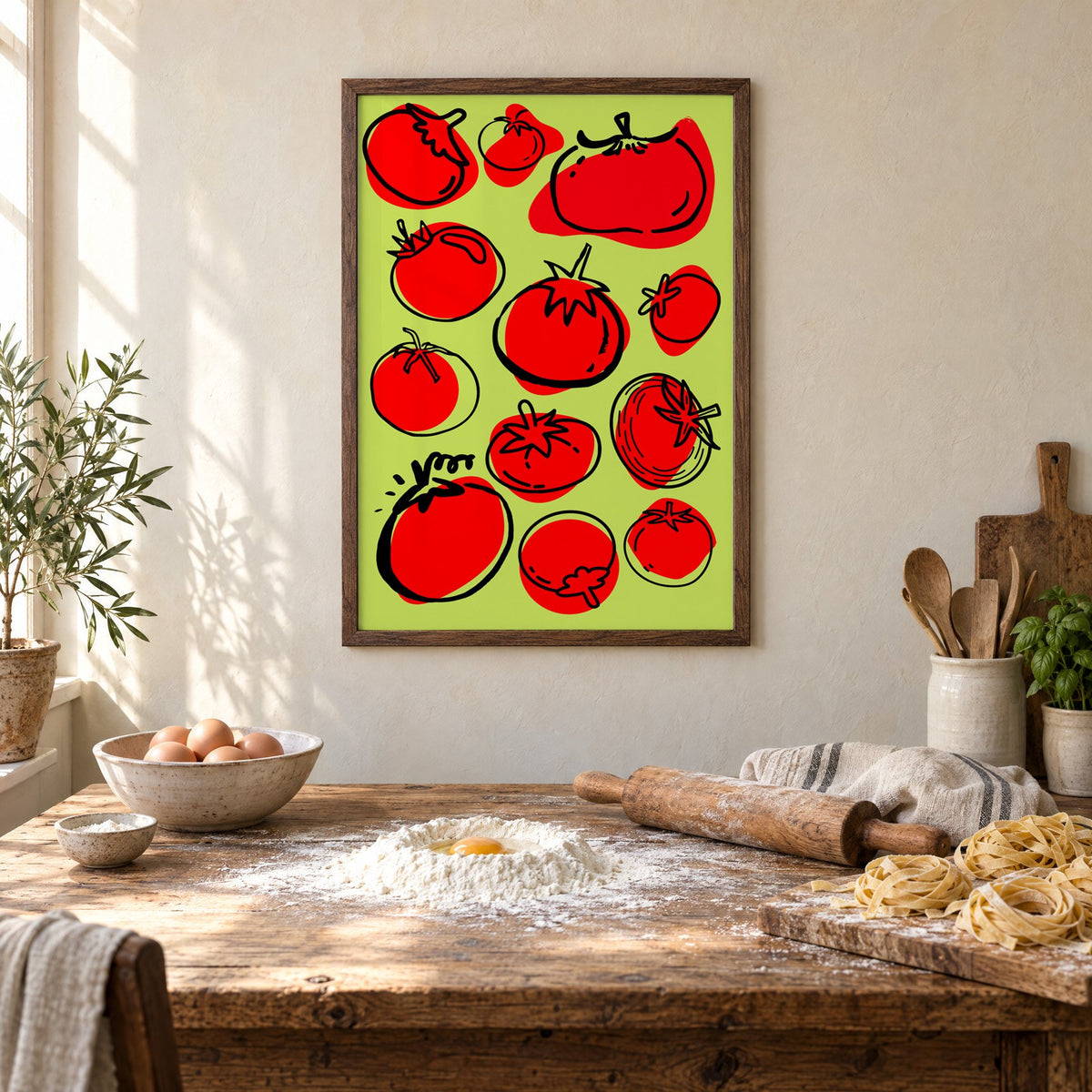 Red tomatoes on lime green print in a walnut frame above a rustic table set for making fresh pasta