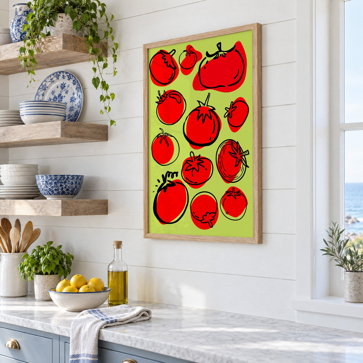 Red tomatoes on lime green print in an oak frame in a white coastal kitchen beside blue and white plates