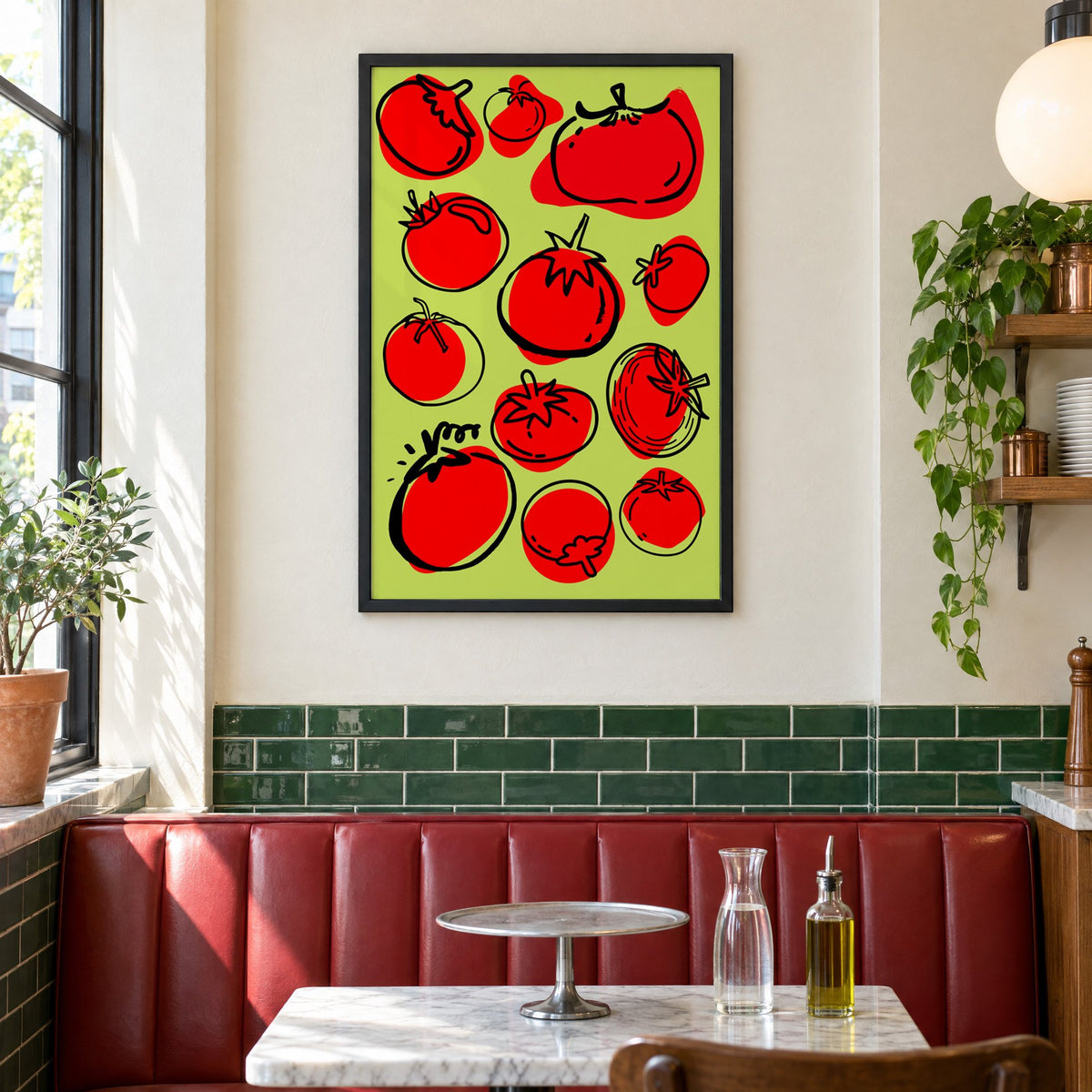 Red tomatoes on lime green print in a black frame above a red leather booth in a sunny pizzeria