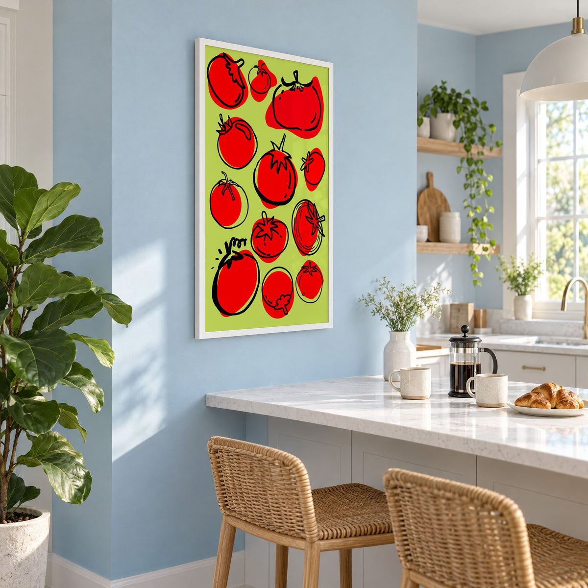 Red tomatoes on lime green print in a white frame on a pale blue wall above a breakfast bar with rattan stools