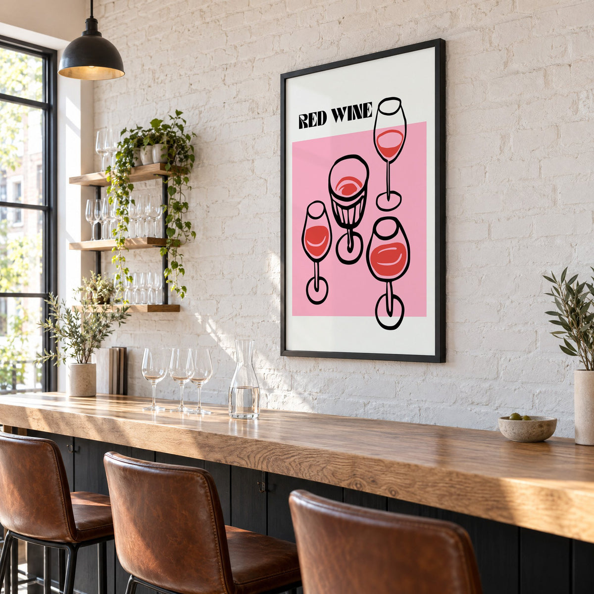RED WINE four glasses pink print in a black frame on a white brick wall above a wine bar counter