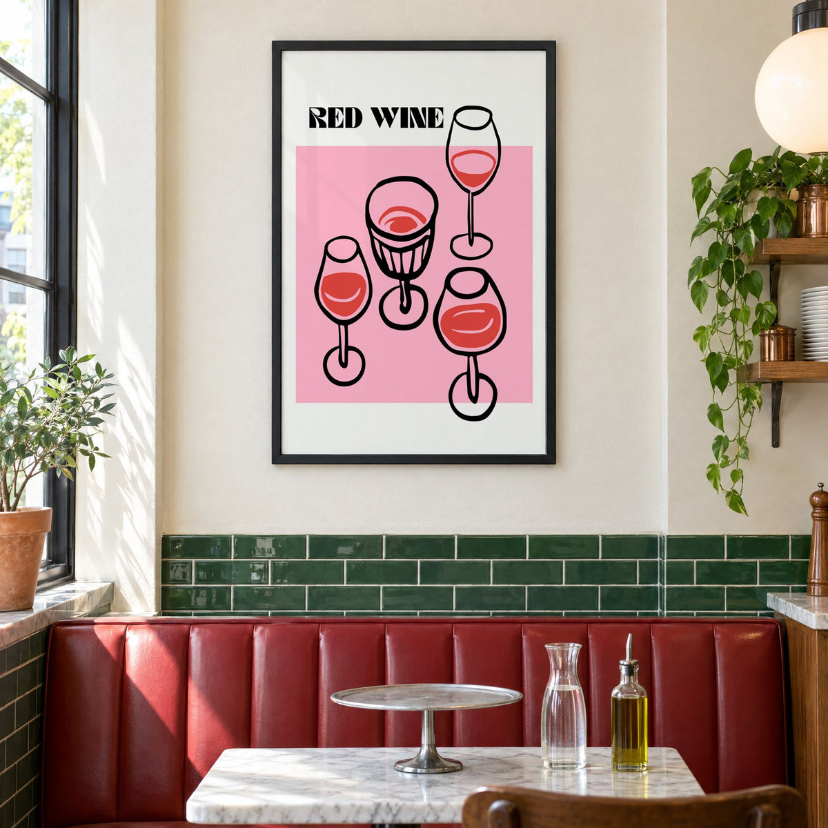 RED WINE four glasses pink print in a black frame above a red leather booth in a sunny pizzeria