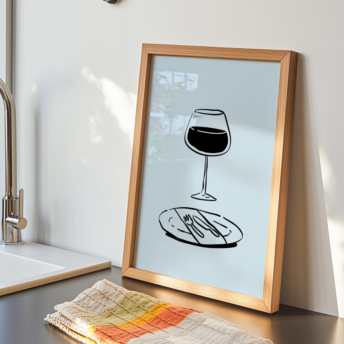 Red wine glass print in an oak frame by the kitchen sink beside a striped tea towel