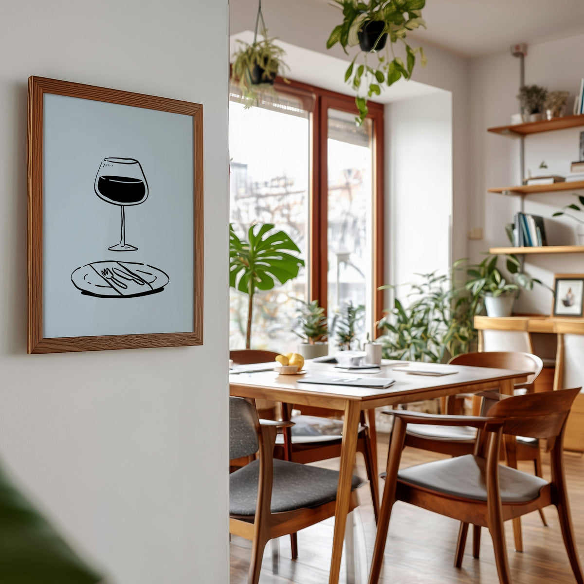 Red wine glass print in a walnut frame beside a mid-century dining table