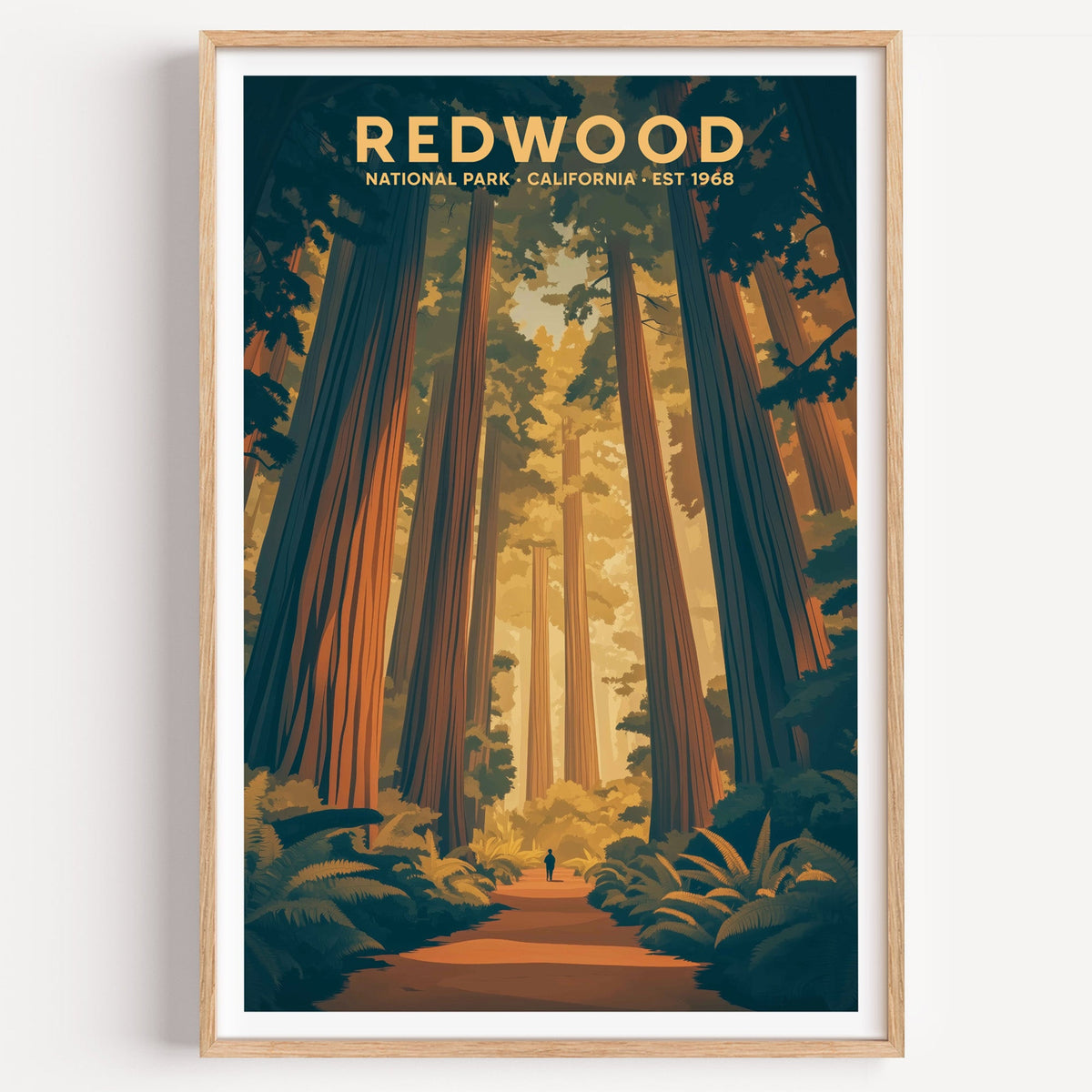 Redwood National Park illustrated print: a trail between towering trunks, in an oak frame