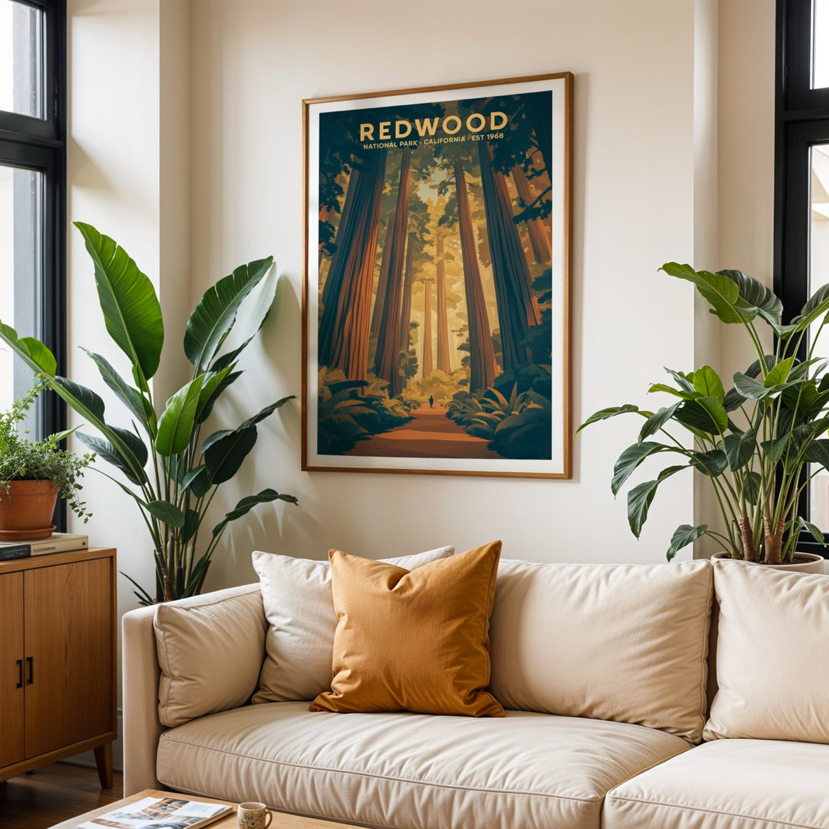 Redwood National Park print in an oak frame above a cream living room sofa with an ochre cushion