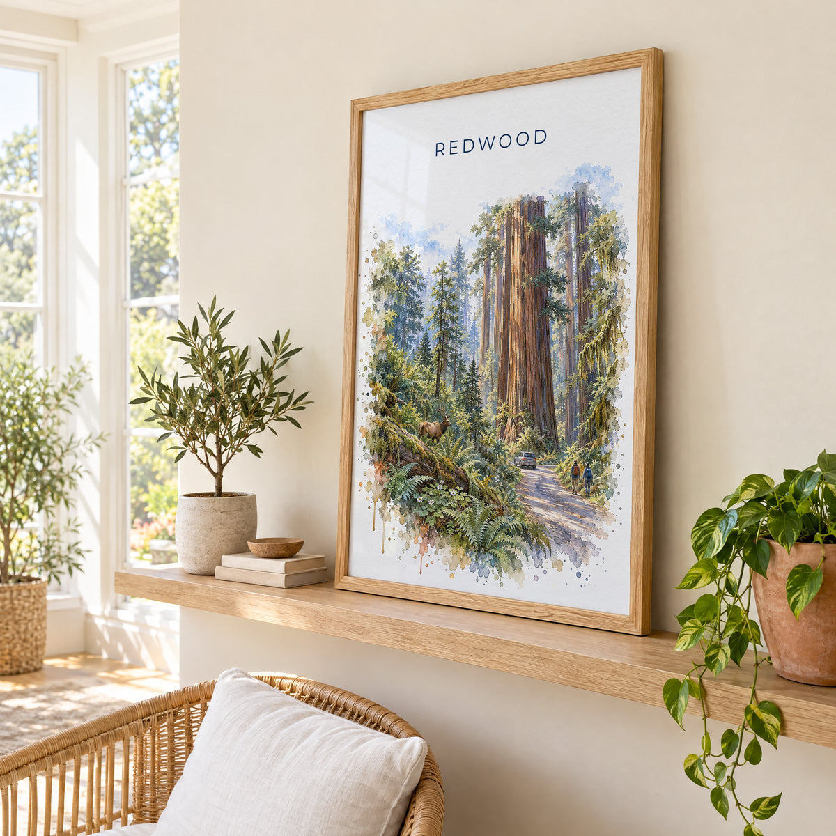 Redwood National Park watercolor print in an oak frame on a picture ledge in a sunlit sunroom