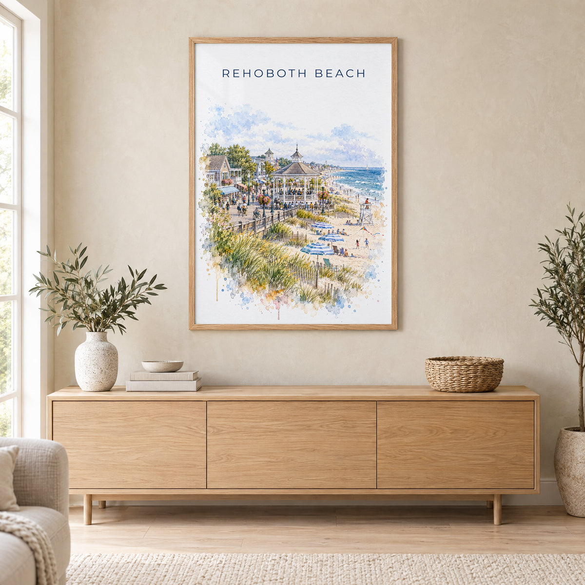 Rehoboth Beach watercolor print in an oak frame above a light wood sideboard in a Scandinavian living room