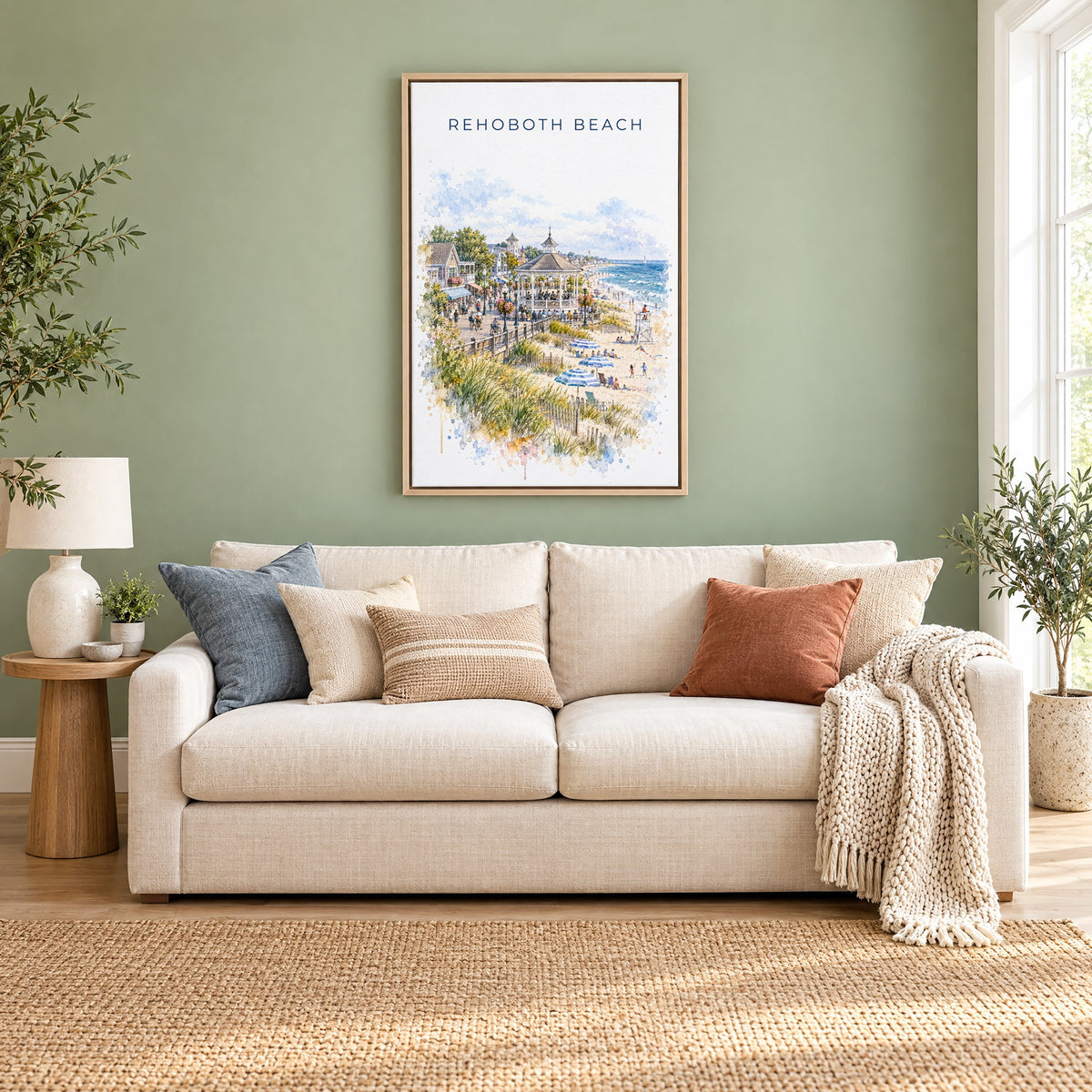 Rehoboth Beach watercolor print as a natural floater canvas above a cream linen sofa on a sage green wall