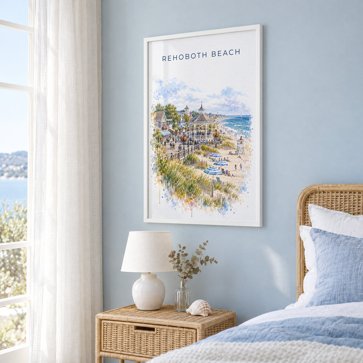 Rehoboth Beach watercolor print in a white frame on a pale blue wall beside a rattan bed in a coastal bedroom